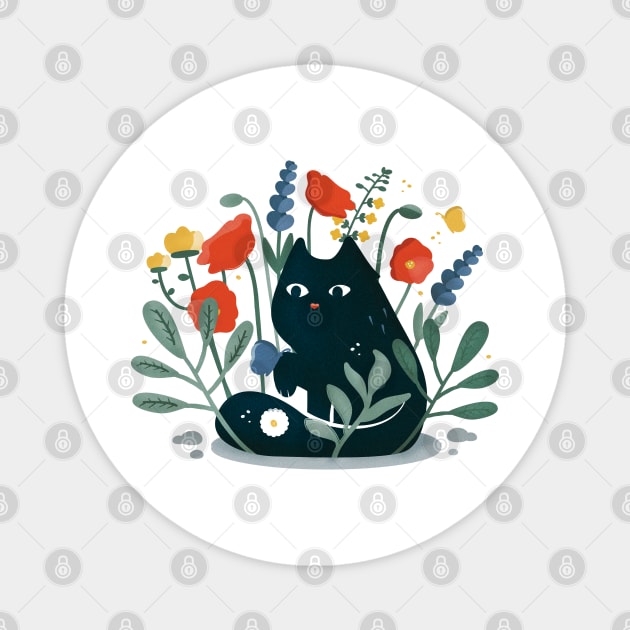 Black cat in the garden with flowers Magnet by crealizable